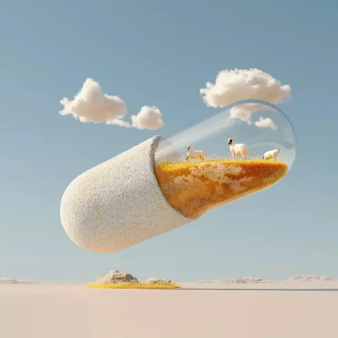 3D Donut Capsule Landscape — Midjourney v6 AI Prompt: a 3d fragment donut wrapped in a capsule, floating in mid-air, twisted donut ski...