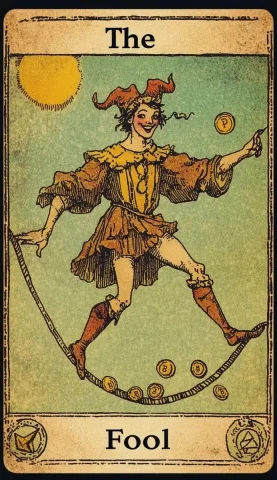 BROM Tarot Card The Fool — Midjourney v6 AI Prompt: a weathered and grimy looking tarot card with a broad yellowed paper border. The...