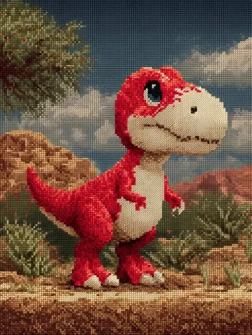 8-Bit Chibi Dinosaur Screenshot — Midjourney v6 AI Prompt: 8-bit pixel art of a red chibi baby dinosaur, front view, game screenshot, with...