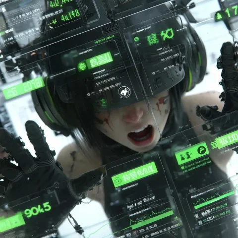 Photorealistic Trader Amid Crashes — Midjourney v6 AI Prompt: A photorealistic image of a Japanese female Stock trader with short hair wearing...