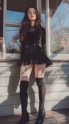 Stylish Woman in Black — Midjourney v6 AI Prompt: A photo of an attractive woman, wearing a black skirt, boots, and tights, posted...