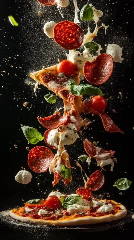Deconstructed Pizza Explosion Photography — Midjourney v6 AI Prompt: Photograph of an explosion of deconstructed Pepperoni pizza with ingredients flo...