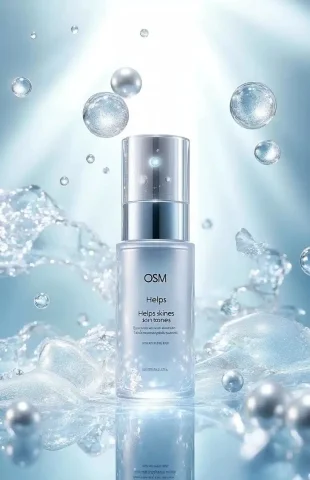 Elegant Essence Product Display — Midjourney v6 AI Prompt: A bottle of a white essence product called "OSM" with a silver metal, blue, and...