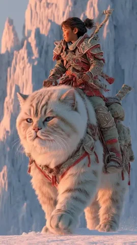 Determined Warrior Girl Riding Cat — Midjourney v6 AI Prompt: Ultra-realistic photo of an adorable but determined Asian little girl warrior in...