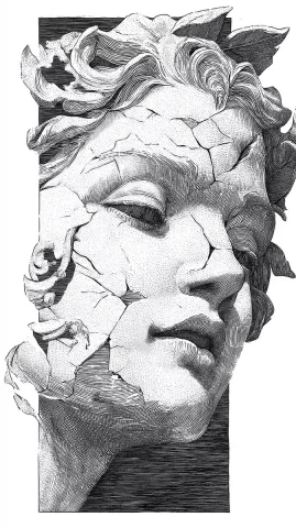 Lineart Portrait of Cracked Goddess — Midjourney v6 AI Prompt: lineart illustration portrait of a Greek godess statue with cracked porcelain sk...
