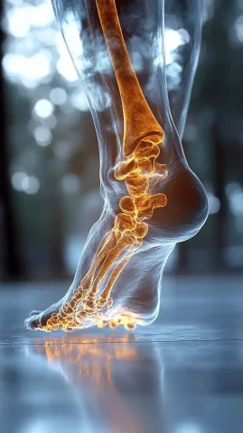 Ankle Pain X-Ray Photography — Midjourney v6 AI Prompt: An advertising shot of a person's painful ankle, with a close-up of a hand holdi...