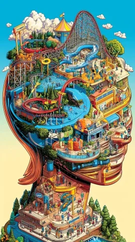 Amusement Park Head Illustration — Midjourney v6 AI Prompt: A woman's head made of a crowded amusement park, on her head features rollercoas...