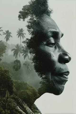 Double Exposure Island Portrait — Midjourney v6 AI Prompt: portrait of a black woman, double exposure, landscape of a tropical island, whit...