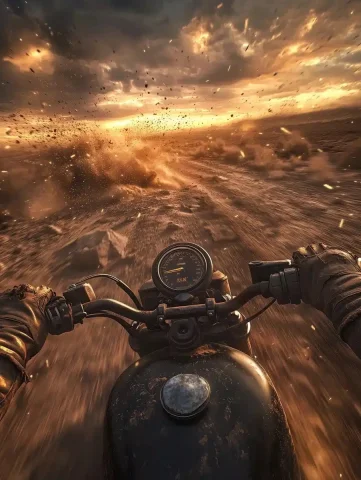 Ultra-Realistic Motorcycle Desert Ride — Midjourney v6 AI Prompt: First-person view of a high-speed motorcycle ride through a vast desert wastelan...