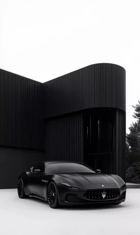 Ultra-Realistic Black Luxury Architecture — Midjourney v6 AI Prompt: A wide front facade view, shot of a black luxury ,Luxury black house , curved t-...