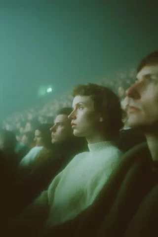 Abstract Projections in Auditorium — Midjourney v6 AI Prompt: wide-angle shot, citizens seated in perfectly aligned rows in a green-lit glass...