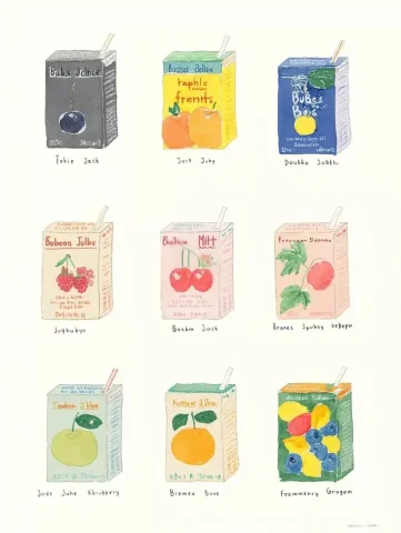 Watercolor Fruit Juice Branding — Midjourney v6 AI Prompt: A series of cute drawings showcasing the classic packaging and branding for diff...