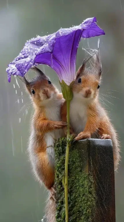 Squirrels Sheltering Under Morning Glory