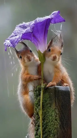 Squirrels Sheltering Under Morning Glory — Midjourney v6 AI Prompt: Two little squirrels are "holding up" a large purple morning glory flower, as if...