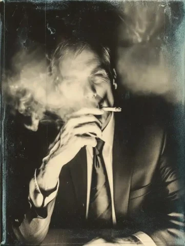 Mysterious Polaroid Portrait — Midjourney v6 AI Prompt: make a polaroid portrait, dark and mysterious, inspired by the cigarette smoking...