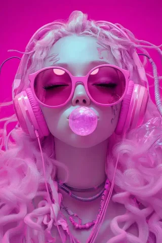 Medusa in Pink Sunglasses — Midjourney v6 AI Prompt: 老式金属壁画, Medusa wearing pink sunglasses and headphones, blowing a bubble of...