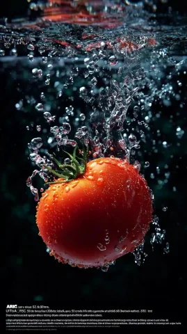 Macro Tomato Splash Photography — Midjourney v6 AI Prompt: "Ultra HD macro shot of a bright red tomato falling into crystal clear water, sl...