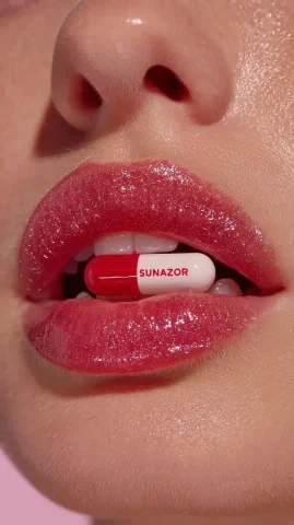 Glossy Lips with Pill — Midjourney v6 AI Prompt: a close-up shot of plump puerto rican woman's lips with neutral pink glossy shim...