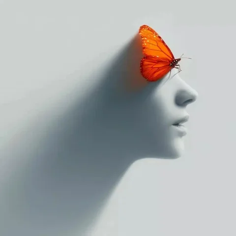 Monarch Butterfly and Silhouette — Midjourney v6 AI Prompt: single orange monarch butterfly flying near a minimalist female face silhouette,...