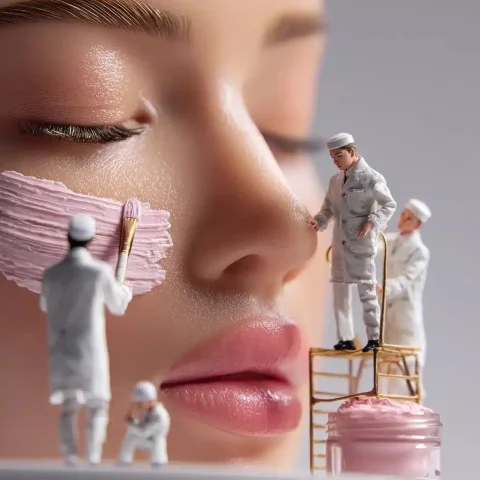 Surreal Portrait with Robots — Midjourney v6 AI Prompt: A surreal close-up portrait of a woman with flawless, radiant skin, her eyes gen...