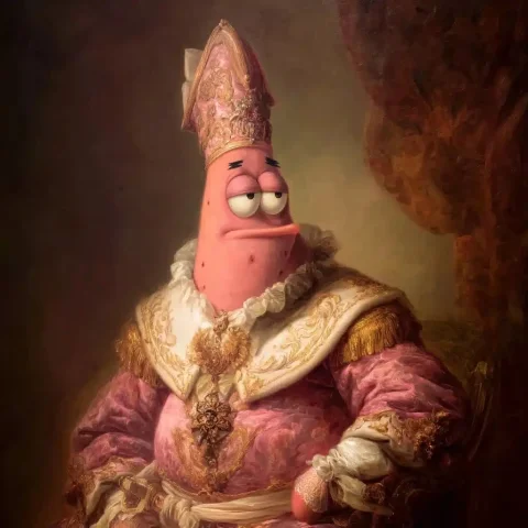 Cartoonish Patrick Star Portrait — Midjourney v6 AI Prompt: a portrait of cartoonish pink Patrick Star, allegory and myth, painted by Franz...