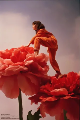 Retro Futuristic Floral Advertisement — Midjourney v6 AI Prompt: A photograph of an advertisement for "Sophie Marceau, Calvin Klein, and Neide St...