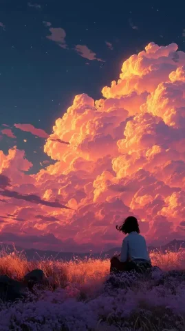 Cinematic Girl Under Twilight — Midjourney v6 AI Prompt: a dreamy cinematic scene of a girl sitting peacefully under a glowing twilight s...