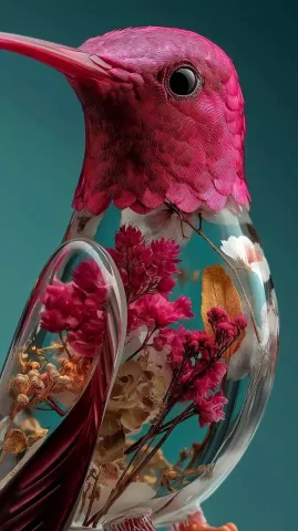 Hyperrealistic Hummingbird Sculpture — Midjourney v6 AI Prompt: hyperrealistic photo of a pink ocean-blue white colored porcelain hummingbird wi...