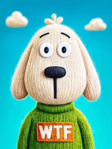 Felt Dog in Sweater — Midjourney v6 AI Prompt: A close-up of a dog's head and shoulders, with big white eyes, made of felt mate...