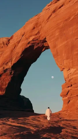 Moonlit Arch with Kimono — Midjourney v6 AI Prompt: full moon through delicate arch at Arches National Park. A person in a white kim...