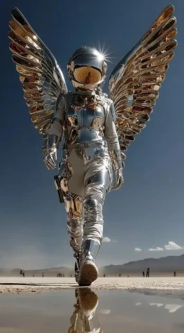 Silver Angel Over Desert — Midjourney v6 AI Prompt: In the dark sky, an angelic figure made of silver shines brightly with light and...