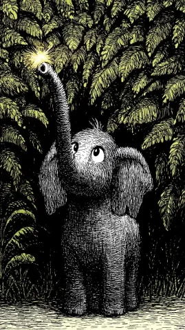 Mystical Elephant in Jungle — Midjourney v6 AI Prompt: A young elephant, now with a long, majestic trunk, stands under a canopy of glow...