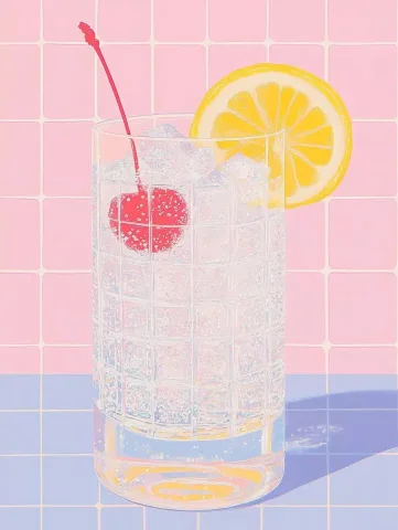 Folk Art Tom Collins Illustration — Midjourney v6 AI Prompt: Tom Collins cocktail (light yellow liquid) with cherry and lemon slice garnish,...