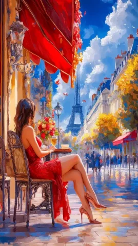 Impressionist Woman in Red — Midjourney v6 AI Prompt: oil painting on canvas of a beautiful woman in a red dress sitting at a table ou...