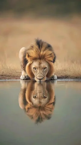 Lion Reflection in Savannah — Midjourney v6 AI Prompt: A majestic lion kneeling near a crystal-clear water source in the savannah. It d...