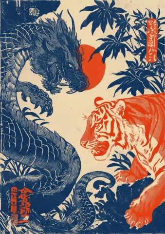 Dragons and Tigers Woodblock Print — Midjourney v6 AI Prompt: Entwined dragons and tigers, Japanese woodblock print style, woodcut-inspired gr...