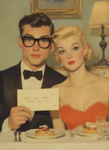 Elegant Dining Scene Bechtle — Midjourney v6 AI Prompt: A young man in black glasses and a woman with blonde hair, sitting at the table...