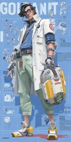 High-Tech Doctor in Valorant Style — Midjourney v6 AI Prompt: Valorant game art style, handsome male doctor full of high-tech atmosphere, cold...