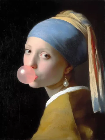 Renaissance Girl with Bubblegum — Midjourney v6 AI Prompt: a girl with pearl earring blowing big pink bubblegum bubble, vintage renaissance...