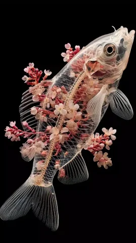 Transparent Fish with Flowers — Midjourney v6 AI Prompt: A transparent fish with pale pink flowers on its body, against a black backgroun...