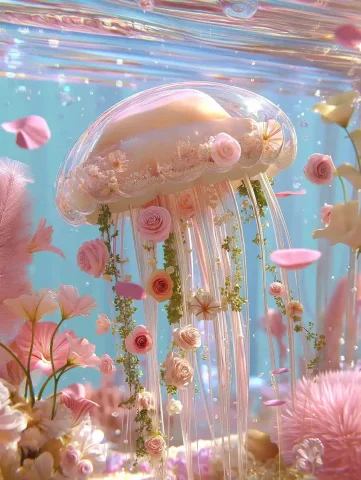 Ethereal Jellyfish Garden Scene — Midjourney v6 AI Prompt: Underwater fantasy scene, a translucent jellyfish adorned with blooming roses, d...