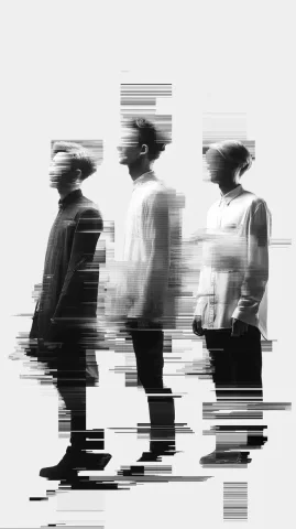 Black and White Glitch Men — Midjourney v6 AI Prompt: men, regression, degradation, black and white, glitch effect, minimalism, white...