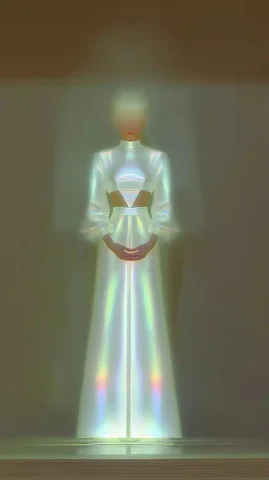 Ethereal Woman in Glass — Midjourney v6 AI Prompt: A radiant, ethereal woman stands directly in front of the camera, her form appea...