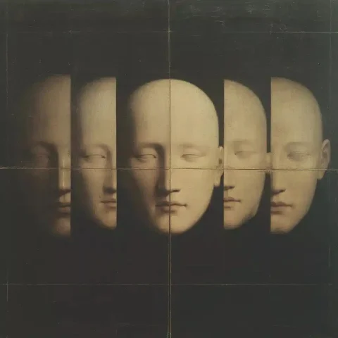 Hyperrealistic Four-Eyed Sculptures — Midjourney v6 AI Prompt: four head sculptures with four eyes on the front of the painting, in the style o...