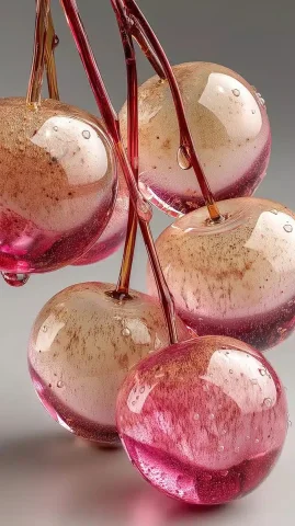 Photorealistic Glass Peaches Cluster — Midjourney v6 AI Prompt: A photorealistic macro shot of a cluster of five to seven dense, crystal-clear g...