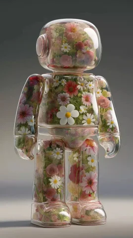 Floral-Filled Transparent Robot — Midjourney v6 AI Prompt: Create a collectible vinyl figure. The a transparent robot shaped body is the ba...