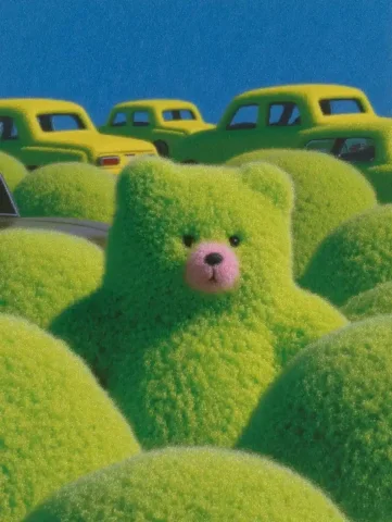 Lime Cars and Teddy Bears Design — Midjourney v6 AI Prompt: Lime-colored cars and teddy bears. DesignMagazine Cover Styles. --ar 3:4 --sref...