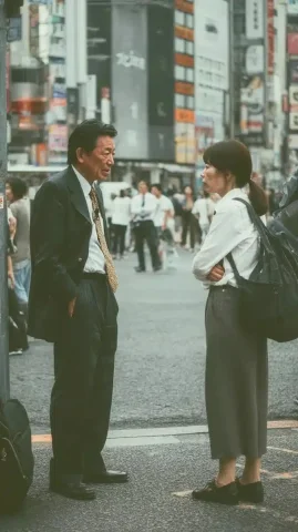 Urban Business Discussion Photo — Midjourney v6 AI Prompt: Japanese, Japan, Contemporary, Documentary photo, Japan, Contemporary. Subject:...