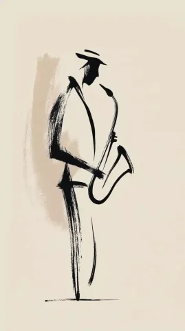 Saxophonist Silhouette in Coffee Tones — Midjourney v6 AI Prompt: Minimalist single-line drawing: street musician playing saxophone on a Paris sid...