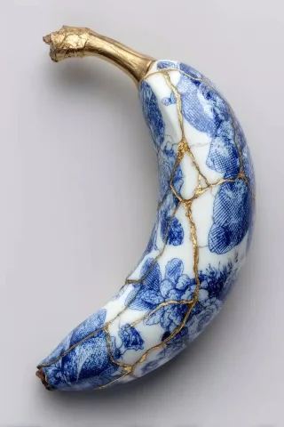 Porcelain Banana with Kintsugi — Midjourney v6 AI Prompt: Banana fruit entirely covered in white and blue porcelain with details, detailed...